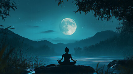 Wall Mural - A person meditating under a glowing full moon