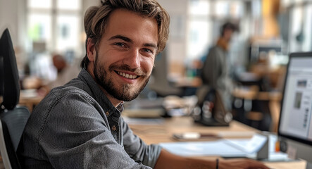 Aufkleber - A 25-year-old man who works in a design office, sitting in a chair in front of the computer, is a architect and is very happy, he is relaxed.