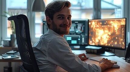 Aufkleber - A 25-year-old man who works in a design office, sitting in a chair in front of the computer, is a architect and is very happy, he is relaxed.