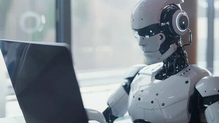 Poster - A sophisticated robot engages with a laptop in a sleek, contemporary office. The setting highlights advanced technology and futuristic design elements, showcasing the future of work.