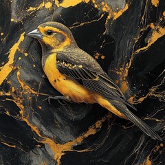 A small, yellow and gray bird with a black beak rests on a black marble background with gold paint splatter.