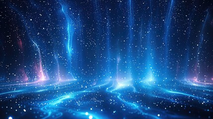Poster - Blue background with glowing lines and stars, data flow concept. Abstract digital technology illustration of futuristic space with light streaks and vertical streams.
