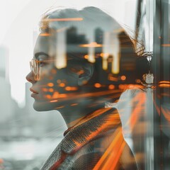 Canvas Print - Portrait of a female Social Worker wearing a business casual outfit, seamlessly blended in a double exposure over the face with a subway background.