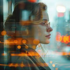 Canvas Print - Portrait of a female Social Worker wearing a business casual outfit, seamlessly blended in a double exposure over the face with a subway background.