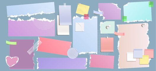 Poster - Torn color paper pieces set isolated on background. Vector realistic illustration of blank ripped notepad pages with uneven edges pinned or attacked to wall with sticky tape, empty notebook sheets
