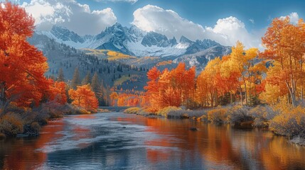 Poster - Autumn, trees in brilliant red, orange and yellow on the mountain. with a river and a rainbow bridge over it.