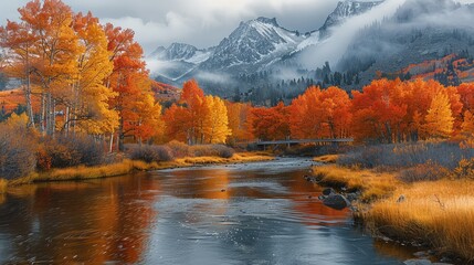 Poster - Autumn, trees in brilliant red, orange and yellow on the mountain. with a river and a rainbow bridge over it.