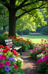 Poster - A park with a bench under a tree and flowers in the background