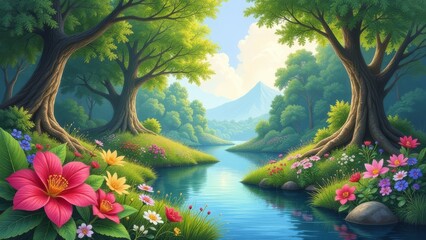 Poster - A beautiful painting of a river with trees and flowers on either side