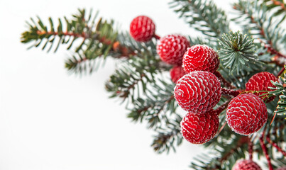 Poster - A branch of red berries with white snow on them. The snow on the berries gives the image a festive and joyful mood, perfect for the holiday season