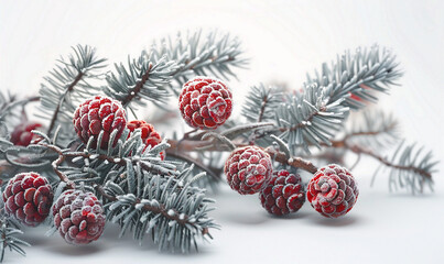 Poster - A branch of evergreen trees covered in snow and red berries. The snow is covering the branches and the berries are frozen
