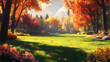© sasisom - A vibrant autumn meadow bordered by colorful trees, with warm sunlight enhancing the fall season's beauty.