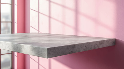 Wall Mural - 3D realistic gray tabletop on pink wall background for product presentation. Empty concrete countertop with window shadow overlay. Clean mockup for beauty advertisement design illustration.