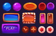 © klyaksun - Colorful game interface buttons with candy like glossy appearance - round shapes, rectangular frames, navigation arrows and play control with bright reflective surfaces. for sweet themed mobile gui.
