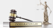© Sikov - Immigration Law: Judge's Gavel as a symbol of legal system, Themis is the goddess of justice and wooden stand with text word