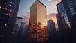 © Trionorejo - A modern skyscraper reflecting sunset light amidst urban buildings.