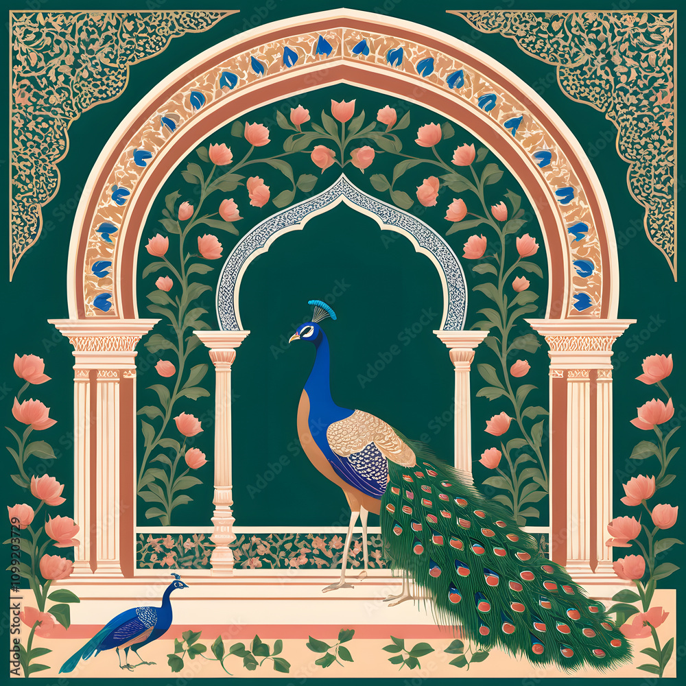 Traditional Mughal Pichwai Art Elegant Mughal Garden with Peacock Arch ...
