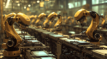 Poster - Factories make computer parts using automated machines.  The equipment is advanced and helps produce items efficiently.