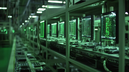 Poster - Factories make computer parts using automated machines.  The equipment is advanced and helps produce items efficiently.