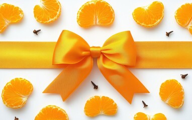 Wall Mural - Beautiful Arrangement of Fresh Orange Slices Decorated with a Bright Yellow Ribbon and Cloves for a Vibrant and Cheerful Presentation