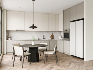 Wall Mural - Modern Kitchen with Stylish Dining Area and Appliances. 3d render. 3d render.