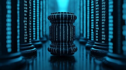 Poster - Futuristic data center with glowing binary codes and a central digital structure, symbolizing advanced technology.