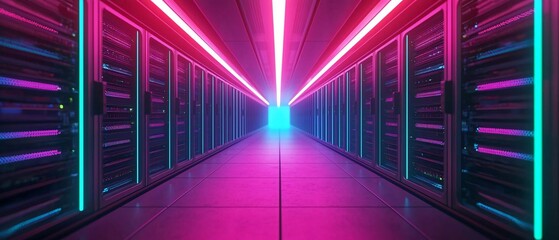 Poster - Futuristic data center with neon lights illuminating server racks in a vibrant, high-tech environment.