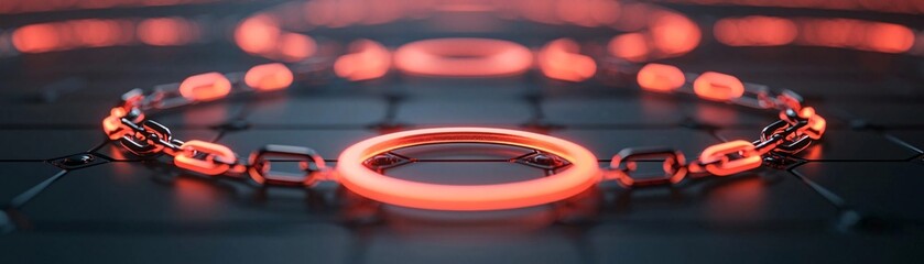 Poster - Futuristic glowing rings and chains represent innovation and connectivity in a digital landscape.
