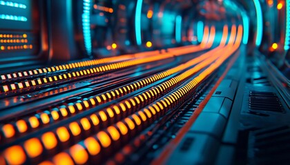 Poster - A close-up view of illuminated circuitry showcasing vibrant lights in a futuristic tunnel design.