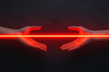 Poster - A striking visual showcasing two outstretched hands reaching towards a glowing red laser beam in a dark setting.