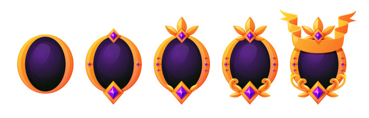 Poster - game rank progression frames and badges from basic to legendary level. five golden borders with purp