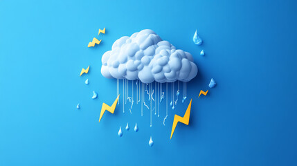 Poster - A simple cartoon shows weather icons: a cloud, lightning, and rain.  It's a blue symbol predicting stormy weather.