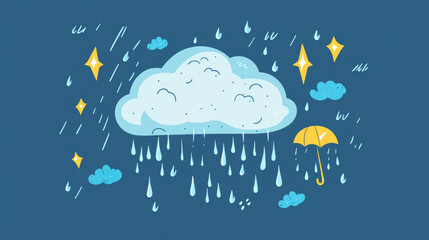Poster - A simple cartoon shows weather icons: a cloud, lightning, and rain.  It's a blue symbol predicting stormy weather.