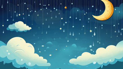 Poster - A simple cartoon weather forecast shows a cloud, rain, and moon.  It's a night scene,  part of a larger weather set.