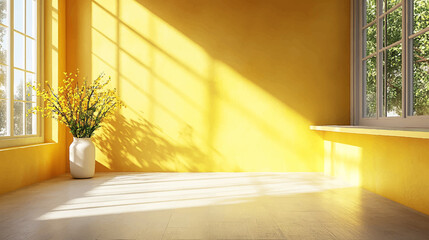 Wall Mural - 3d realistic white and yellow scenes on a floor table background with a shadow of palm leaves from w