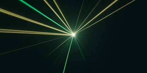 Wall Mural - Abstract laser light show with green and gold beams converging at a central point.