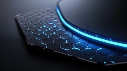 Poster - Futuristic Hexagonal Surface with Blue Neon Light and Dark Background Design