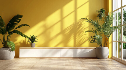 Wall Mural - 3d realistic white and yellow scenes on a floor table background with a shadow of palm leaves from w