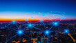 © Teeraphon - Smart digital Innovation city with connection network reciprocity over the sunset cityscape. of future  wireless digital city and social media networking systems that connects people with in city