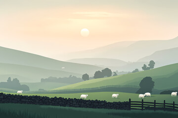  Illustration of Misty Morning in the Highlands with Rolling Green Hills and Stone Fences