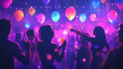 Wall Mural - A group of partygoers enjoying a neon glow New Year's Eve party, surrounded by glowing balloons, glowing cocktail glasses, and festive decorations 