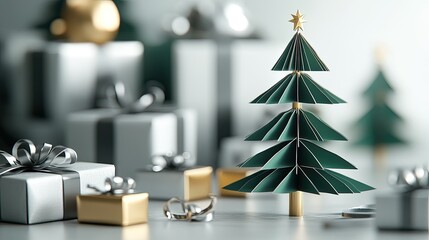 Poster - Green and gold paper-cut tree with geometric precision, surrounded by elegant silver gifts on a clean, white backdrop.