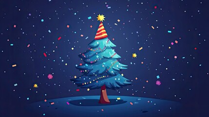 Fototapete - Happy New Year tree with a party hat and confetti, cartoon style