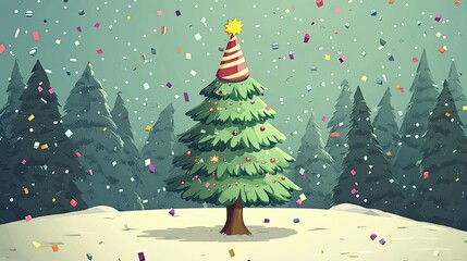 Fototapete - Happy New Year tree with a party hat and confetti, cartoon style