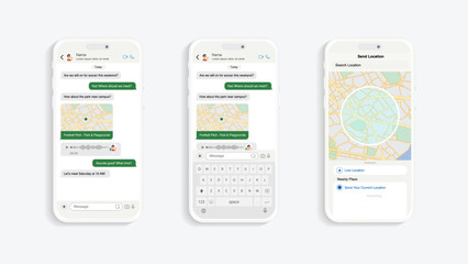Poster - Smartphone Messaging App: Vector UI and UX Design Featuring Chat Bubbles, Dialogues, Location Sharing, and Voice Messaging.