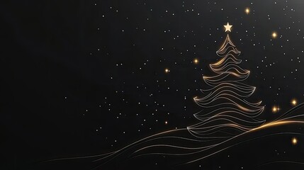 Poster - Minimalist outline of a Christmas tree with golden lights on black background