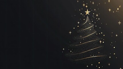 Fototapete - Minimalist outline of a Christmas tree with golden lights on black background