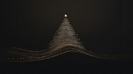 Fototapete - Minimalist outline of a Christmas tree with golden lights on black background