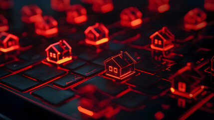 Poster - Illuminated house icons on computer keyboard symbolize real estate technology, smart homes, and digital innovation in modern living
