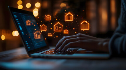 Poster - Innovative digital concept of smart home technology and real estate management with glowing house icons above a laptop screen at night